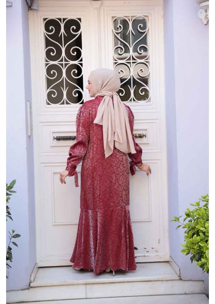 Desenli Bordo Tesettür Saten Elbise 4457BR modelleri