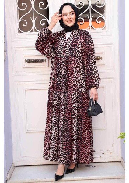 Leopar Desenli Bordo Tesettür Elbise 52942BR