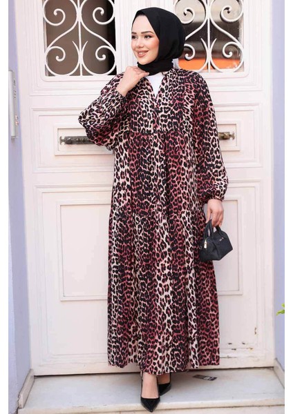 Leopar Desenli Bordo Tesettür Elbise 52942BR fiyatları