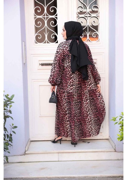 Leopar Desenli Bordo Tesettür Elbise 52942BR modelleri