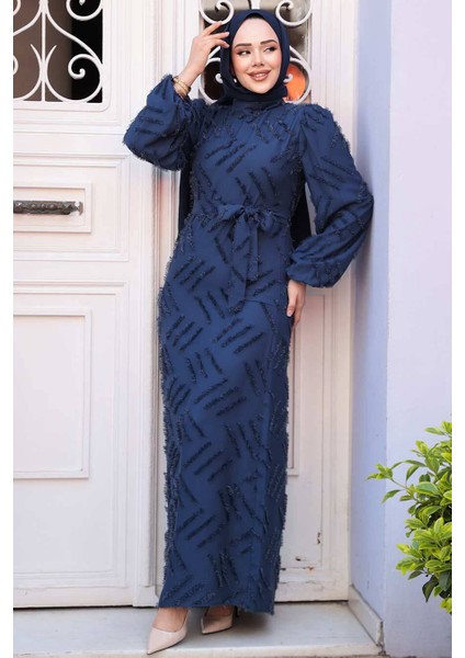 Desenli Lacivert Tesettür Elbise 5298L