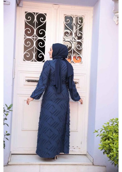 Desenli Lacivert Tesettür Elbise 5298L modelleri