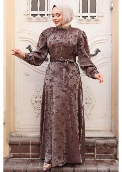 Desenli Vizon Tesettür Saten Elbise 52921V