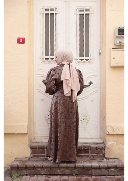 Desenli Vizon Tesettür Saten Elbise 52921V modelleri