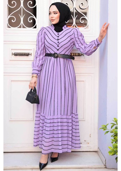 Desenli Lila Tesettür Elbise 43534LILA