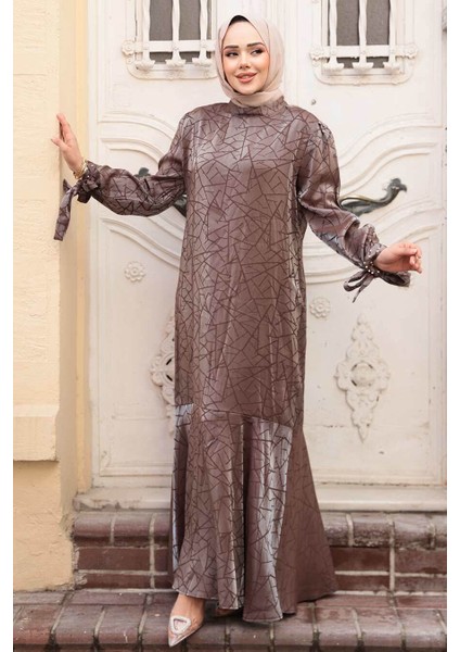 Desenli Vizon Tesettür Saten Elbise 4457V