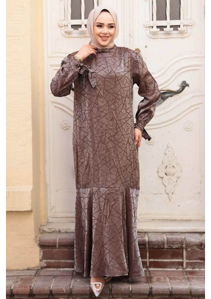 Desenli Vizon Tesettür Saten Elbise 4457V fiyatları