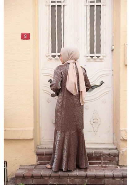 Desenli Vizon Tesettür Saten Elbise 4457V fırsatları