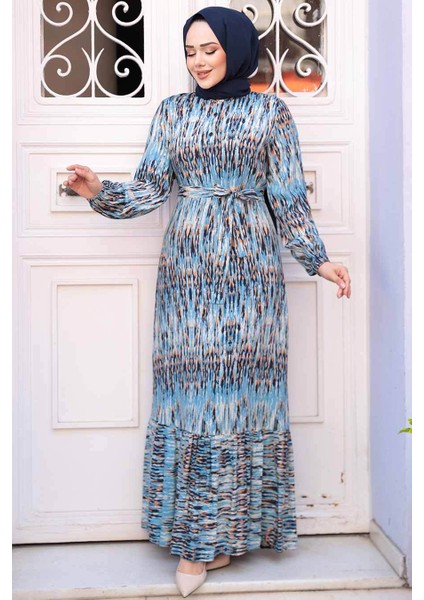 Desenli Mavi Tesettür Elbise 52721M