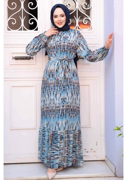 Desenli Mavi Tesettür Elbise 52721M fiyatları