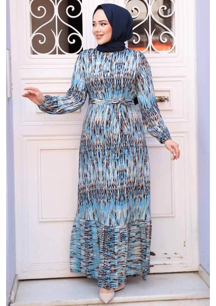 Desenli Mavi Tesettür Elbise 52721M modelleri