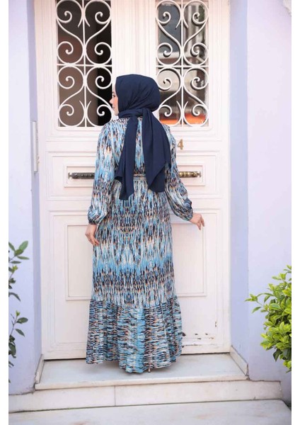 Desenli Mavi Tesettür Elbise 52721M fırsatları