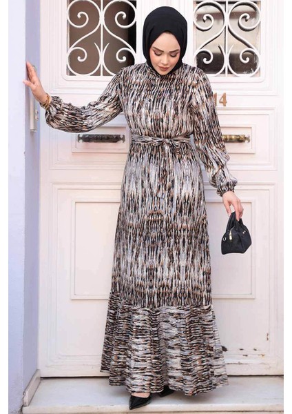 Desenli Gri Tesettür Elbise 52721GR