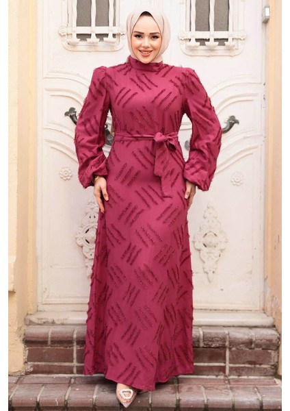 Desenli Bordo Tesettür Elbise 5298BR
