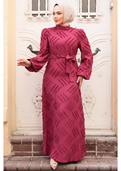 Desenli Bordo Tesettür Elbise 5298BR fiyatları
