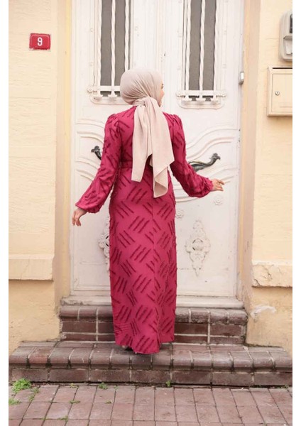 Desenli Bordo Tesettür Elbise 5298BR fırsatları