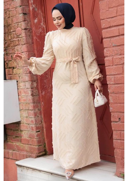 Desenli Bej Tesettür Elbise 5298BEJ