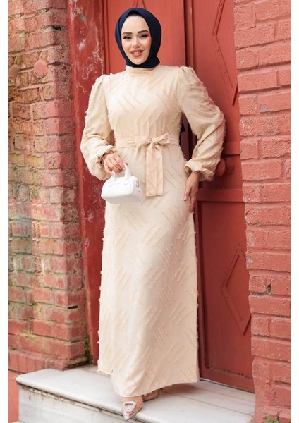 Desenli Bej Tesettür Elbise 5298BEJ fiyatları