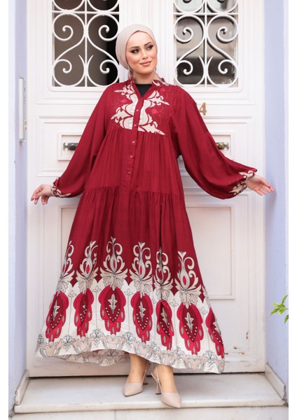 Desenli Bordo Tesettür Elbise 32162BR