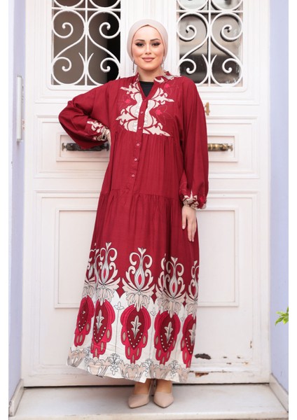 Desenli Bordo Tesettür Elbise 32162BR fiyatları
