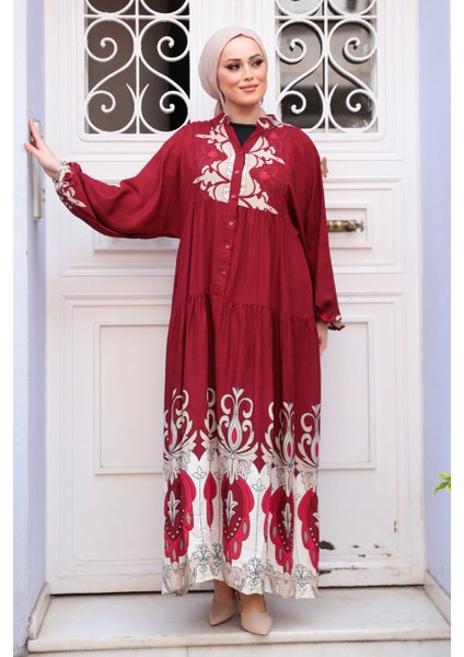 Desenli Bordo Tesettür Elbise 32162BR modelleri