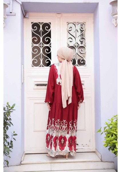 Desenli Bordo Tesettür Elbise 32162BR fırsatları