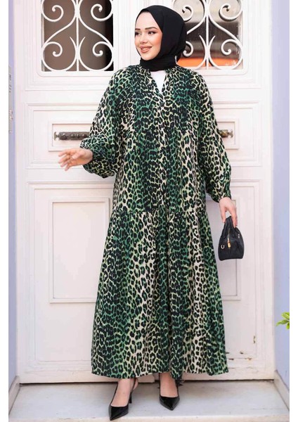 Leopar Desenli Yeşil Tesettür Elbise 52942Y