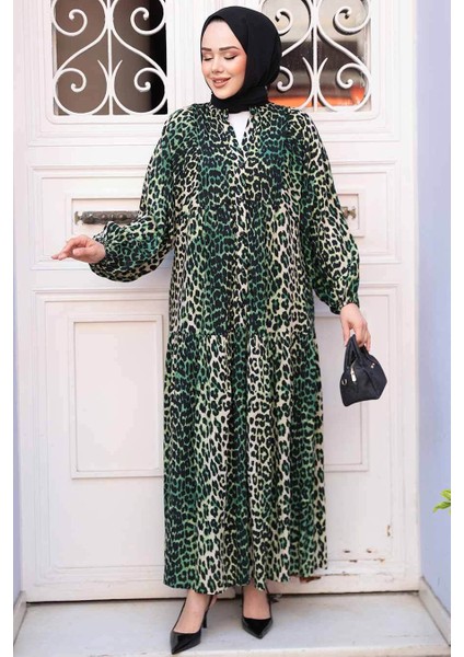 Leopar Desenli Yeşil Tesettür Elbise 52942Y fiyatları