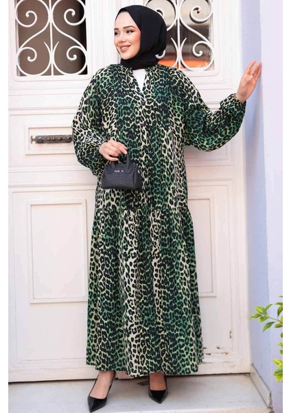 Leopar Desenli Yeşil Tesettür Elbise 52942Y modelleri