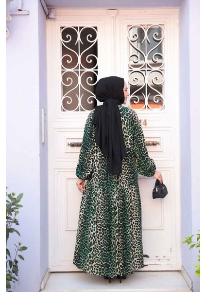 Leopar Desenli Yeşil Tesettür Elbise 52942Y fırsatları