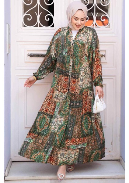 Desenli Yeşil Tesettür Elbise 52943Y