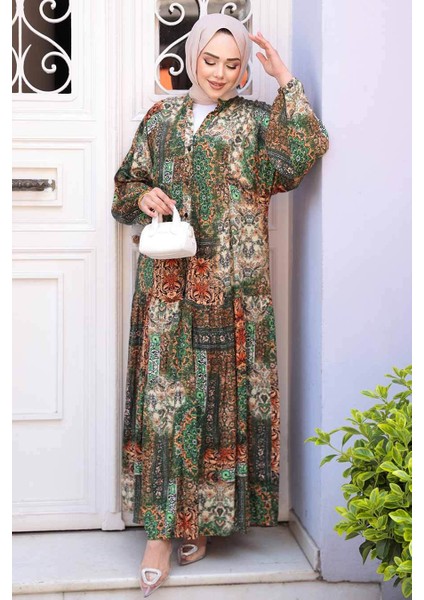 Desenli Yeşil Tesettür Elbise 52943Y fiyatları