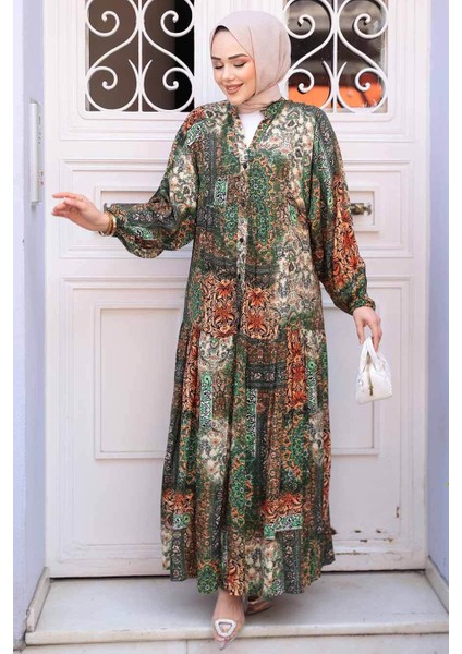 Desenli Yeşil Tesettür Elbise 52943Y modelleri