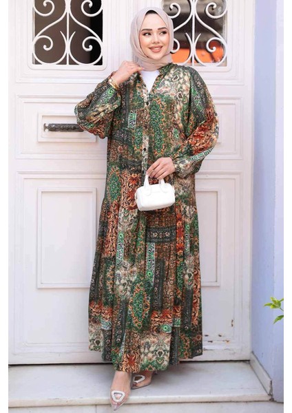 Desenli Yeşil Tesettür Elbise 52943Y fırsatları
