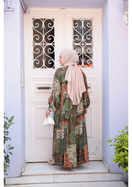 Desenli Yeşil Tesettür Elbise 52943Y indirimleri