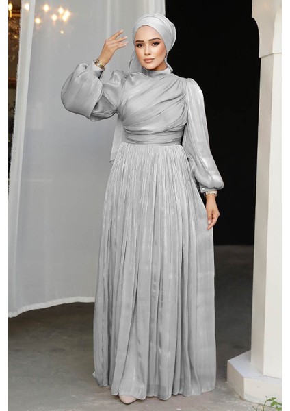 Drape Detaylı Gri Tesettür Abiye Elbise 44081GR