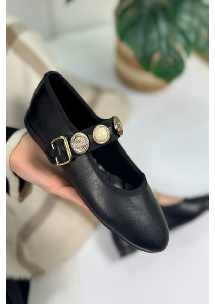 Günlük Kadın Babet Inci Bantlı Ayarlanabilir Tokalı Oval Burunlu Hafif Rahat Ayakkabı 379