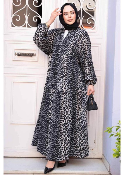 Leopar Desenli Gri Tesettür Elbise 52942GR