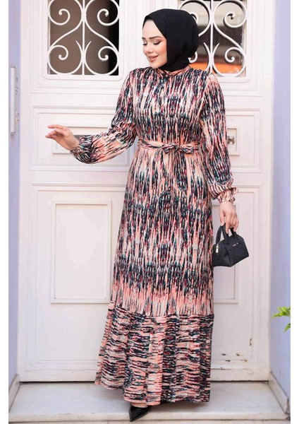 Desenli Somon Tesettür Elbise 52721SMN