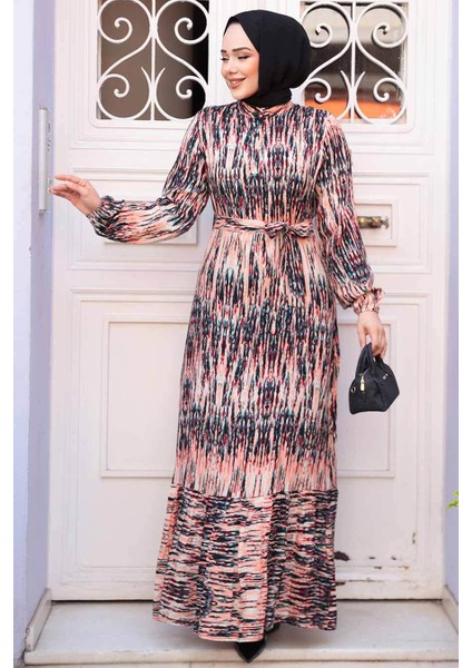 Desenli Somon Tesettür Elbise 52721SMN fiyatları