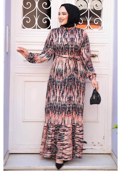 Desenli Somon Tesettür Elbise 52721SMN modelleri