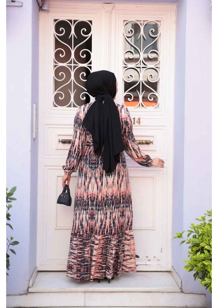 Desenli Somon Tesettür Elbise 52721SMN fırsatları