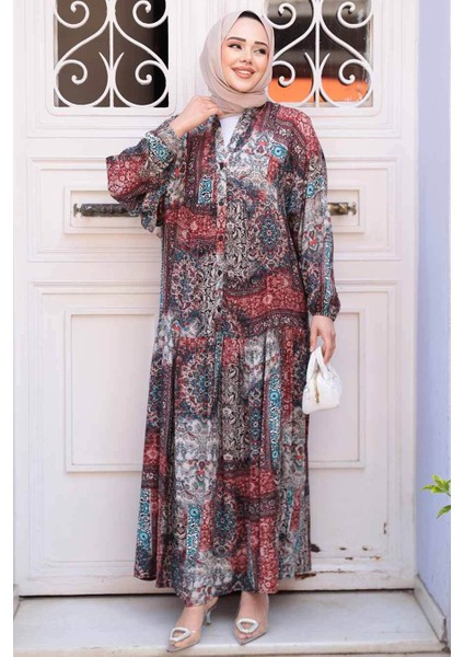 Desenli Bordo Tesettür Elbise 52943BR