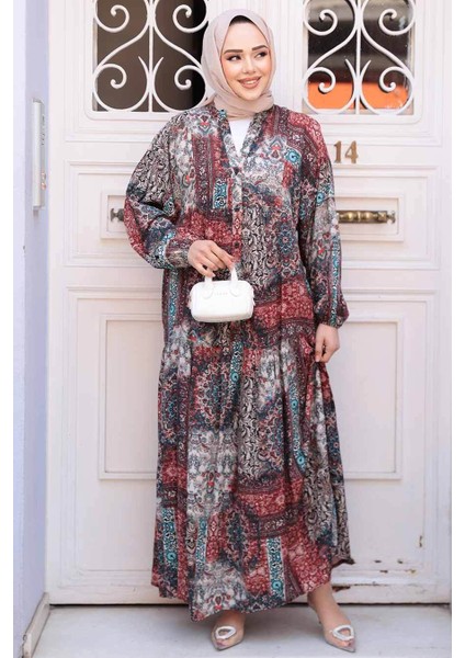 Desenli Bordo Tesettür Elbise 52943BR fiyatları