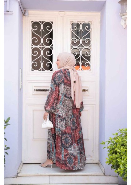 Desenli Bordo Tesettür Elbise 52943BR modelleri