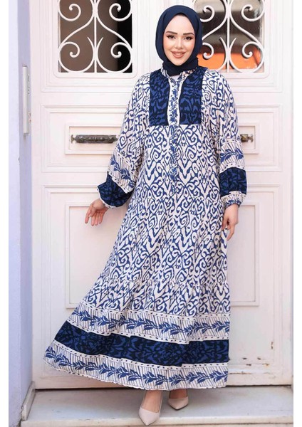 Desenli Lacivert Tesettür Elbise 18245L