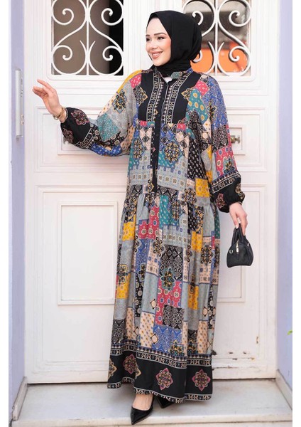Desenli Siyah Tesettür Elbise 18249S