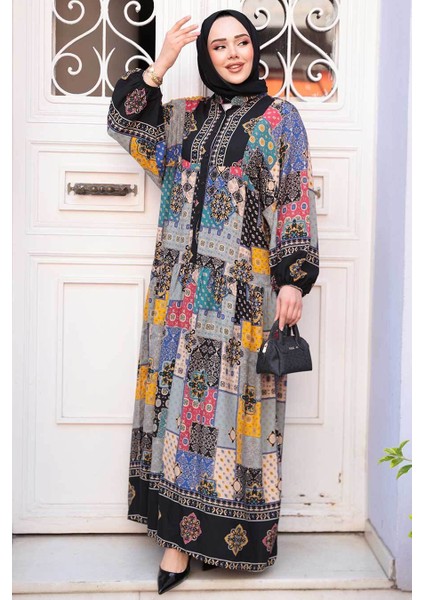 Desenli Siyah Tesettür Elbise 18249S fiyatları