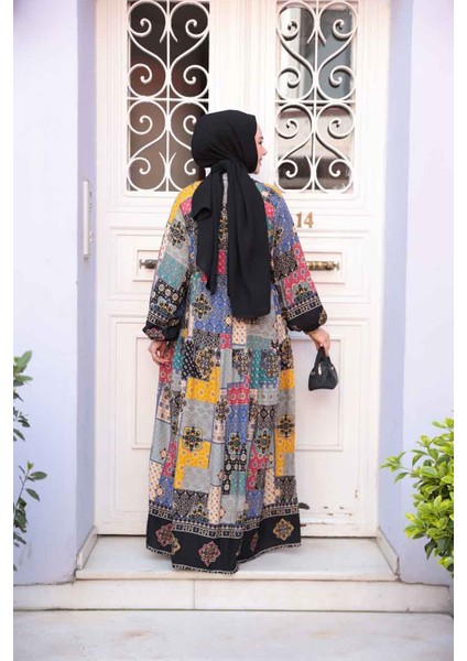 Desenli Siyah Tesettür Elbise 18249S modelleri