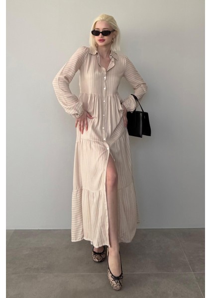 Bej Çizgili Düğmeli Uzun Elbise MG2392